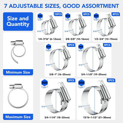 46 Piece Premium Adjustable Stainless Steel Hose Clamps Kit Featuring Seven Size Range From Quarter Inch To One And One Half Inch For Fuel Line Plumbing Automotive And Mechanical Applications Long Lasting Worm Gear Clamps displayed with sizes and quantity details.
