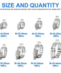 100 Pieces Adjustable 8-44mm 304 Stainless Steel Worm Gear Hose Clamps Assortment Kit for Water Pipes Plumbing Automotive and Mechanical Use