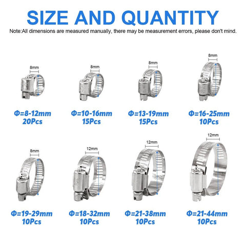 100 Pieces Adjustable 8-44mm 304 Stainless Steel Worm Gear Hose Clamps Assortment Kit for Water Pipes Plumbing Automotive and Mechanical Use