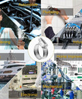 Collage showing applications of Stainless Steel Hose Clamps 16 Pack Worm Gear Drive SAE 12 Clamps in automotive, plumbing, and marine settings.