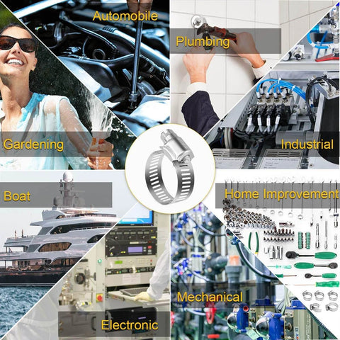 Collage showing applications of Stainless Steel Hose Clamps 16 Pack Worm Gear Drive SAE 12 Clamps in automotive, plumbing, and marine settings.