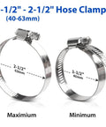 Hose Clamps Set Of Ten Stainless Steel Adjustable Worm Gear Clamps For Hoses From One And A Half Inch To Two And A Half Inch Ideal For Automotive Radiator Fuel Line And Mechanical Systems With Assorted Sizes From Quarter Inch To Six Inch showing maximum and minimum sizes.
