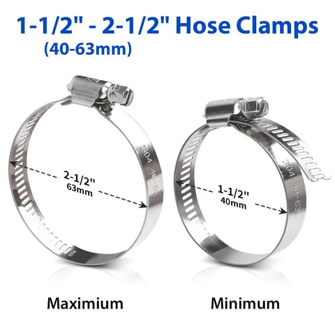 Hose Clamps Set Of Ten Stainless Steel Adjustable Worm Gear Clamps For Hoses From One And A Half Inch To Two And A Half Inch Ideal For Automotive Radiator Fuel Line And Mechanical Systems With Assorted Sizes From Quarter Inch To Six Inch showing maximum and minimum sizes.