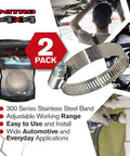 Stainless Steel Hose Clamps Set Two Adjustable Hose Clamps From One And A Quarter Inch To Two And A Quarter Inch 32 To 57 Mm Heavy Duty Radiator Fuel Line Plumbing Automotive Mechanical Applications, shown with packaging and installation use.