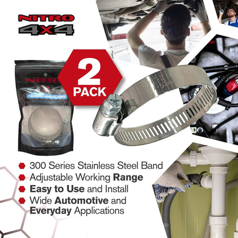 Stainless Steel Hose Clamps Set Two Adjustable Hose Clamps From One And A Quarter Inch To Two And A Quarter Inch 32 To 57 Mm Heavy Duty Radiator Fuel Line Plumbing Automotive Mechanical Applications, shown with packaging and installation use.