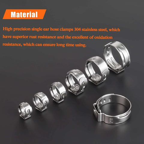 40 Pieces 15.3 To 18.5mm 304 Stainless Steel Single Ear Hose Clamps Set For Automotive Plumbing And Industrial Machinery Corrosion Resistant High Precision Durable Fixings For Hoses And Tubes displayed on dark background.