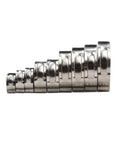 10 Pack Stainless Steel 304 Single Ear Hose Clamps Stepless Clamp With Smooth Inner Band For 360 Degree Seal Corrosion Resistant Fits 5.3 To 31 Millimeters Hoses Ideal For Lightweight Thin Wall Tubing displayed side by side in increasing sizes
