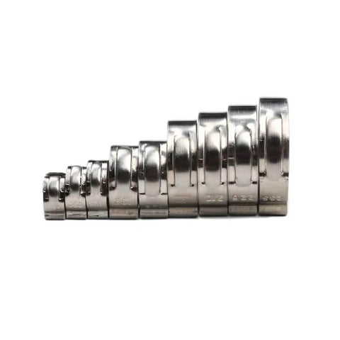 10 Pack Stainless Steel 304 Single Ear Hose Clamps Stepless Clamp With Smooth Inner Band For 360 Degree Seal Corrosion Resistant Fits 5.3 To 31 Millimeters Hoses Ideal For Lightweight Thin Wall Tubing displayed side by side in increasing sizes