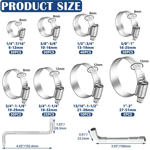 202 Pieces 304 Stainless Steel Hose Clamps Assortment Kit Adjustable Worm Gear Clamps 6 To 51 Millimeter Heavy Duty Sizes