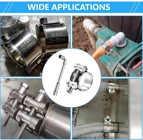 Collage shows 5 Pack 20 To 22 Mm T Bolt Hose Clamps Stainless Steel 304 in various applications, highlighting durability and versatility.