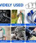 46 Piece Premium Adjustable Stainless Steel Hose Clamps Kit Featuring Seven Size Range From Quarter Inch To One And One Half Inch For Fuel Line Plumbing Automotive And Mechanical Applications Long Lasting Worm Gear Clamps in various applications like garden, automotive, and industrial use.