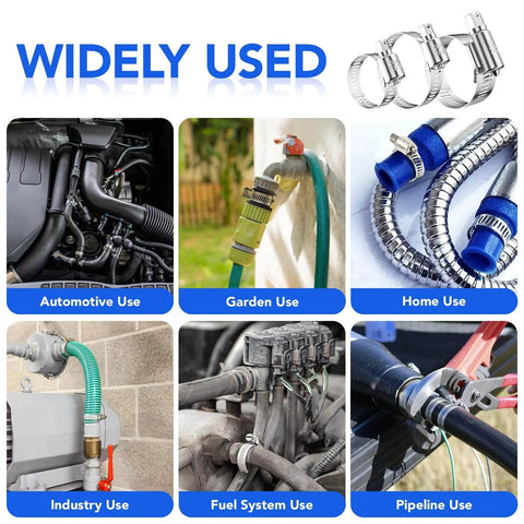 46 Piece Premium Adjustable Stainless Steel Hose Clamps Kit Featuring Seven Size Range From Quarter Inch To One And One Half Inch For Fuel Line Plumbing Automotive And Mechanical Applications Long Lasting Worm Gear Clamps in various applications like garden, automotive, and industrial use.