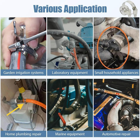 50 Pack Stainless Steel Hose Clamps One Quarter To One Half Inch Adjustable Worm Gear With Socket Wrench for Plumbing Automotive and Mechanical Applications Premium 304 Stainless Steel Corrosion Resistant Durable Heavy Duty Gear Clamp Set installed in garden, lab, appliance, plumbing, marine, and automotive uses