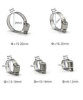 Assorted sizes of stainless steel worm gear hose clamps. 100 Pack Stainless Steel Worm Gear Hose Clamps 6 To 12 Mm Adjustable Fuel Line Clamps 304 Stainless Steel Corrosion Resistant For Marine Auto Boat Plumbing Applications Great For Exhaust Radiator Vacuum Hoses And More.