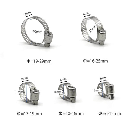 Assorted sizes of stainless steel worm gear hose clamps. 100 Pack Stainless Steel Worm Gear Hose Clamps 6 To 12 Mm Adjustable Fuel Line Clamps 304 Stainless Steel Corrosion Resistant For Marine Auto Boat Plumbing Applications Great For Exhaust Radiator Vacuum Hoses And More.