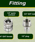 Stainless Steel Garden Hose Quick Connect Fittings With Quick Release For Easy Hose Attachments And Swapping Sprayers, Three Quarter Inch GHT Universal Connector, Save Wrist Strain And Time During Lawn Care - side view with 1/2 quick connect