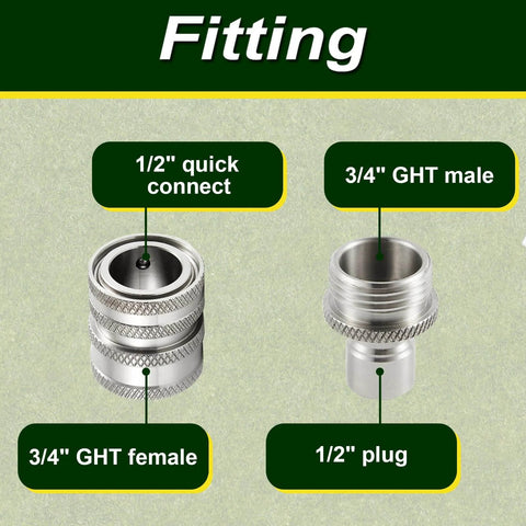Stainless Steel Garden Hose Quick Connect Fittings With Quick Release For Easy Hose Attachments And Swapping Sprayers, Three Quarter Inch GHT Universal Connector, Save Wrist Strain And Time During Lawn Care - side view with 1/2 quick connect
