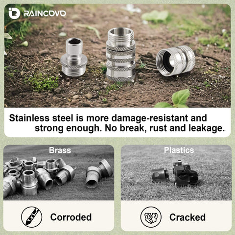 Stainless Steel Garden Hose Quick Connect Fittings With Quick Release For Easy Hose Attachments And Swapping Sprayers, Three Quarter Inch GHT Universal Connector displayed on soil with brass and plastic alternatives.