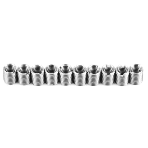 Stainless Steel Thread Repair Tool Kit With 10 Insert Nuts M8 X 1.25 Female Threads And M10 X 1.25 Male Threads arranged in a line