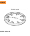 Internal Tooth Washers One Quarter Inch Stainless Steel Serrated Pack Of 100 showing dimensions and thickness