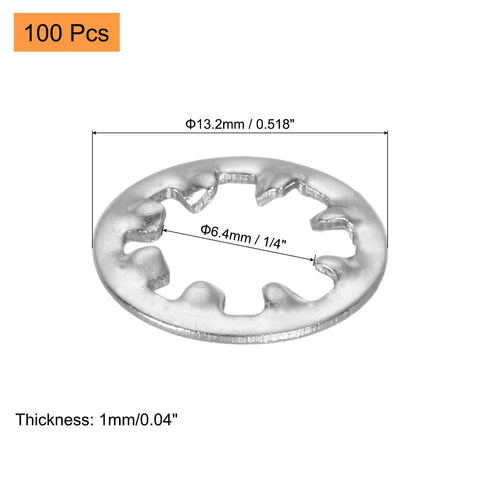 Internal Tooth Washers One Quarter Inch Stainless Steel Serrated Pack Of 100 showing dimensions and thickness