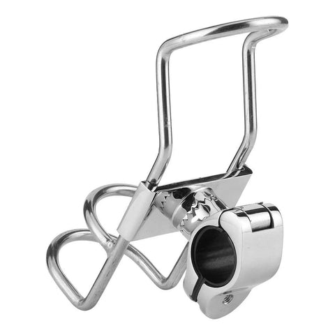 Stainless steel fishing rod rack with 360-degree rail-mount clamp and locking mechanism for 32mm kayak rails