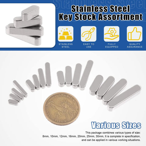 Feather Key Set 140Pcs 8Mm 10Mm 12Mm 16Mm 20Mm 25Mm 30Mm Round End Keystock Assortment with stainless steel keys displayed