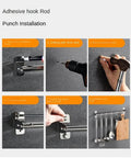 Installation guide for Kitchen Sliding Hooks, Stainless Steel Hanging Rack Rail with 10 Hooks, includes drilling and mounting steps.