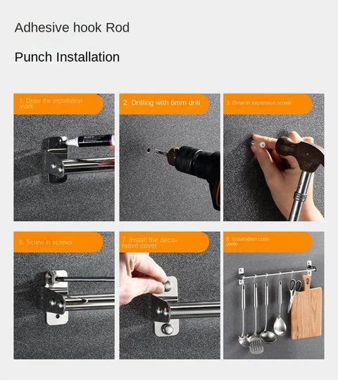Installation guide for Kitchen Sliding Hooks, Stainless Steel Hanging Rack Rail with 10 Hooks, includes drilling and mounting steps.