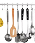 Kitchen Sliding Hooks, Stainless Steel Hanging Rack Rail Organize Kitchen Utensil Removable S Hook for Towel, Spoon, Coats, Bathrobe, BBQ, Wall Mounted Hanger (10 Hooks 23.6In) with various utensils hanging.
