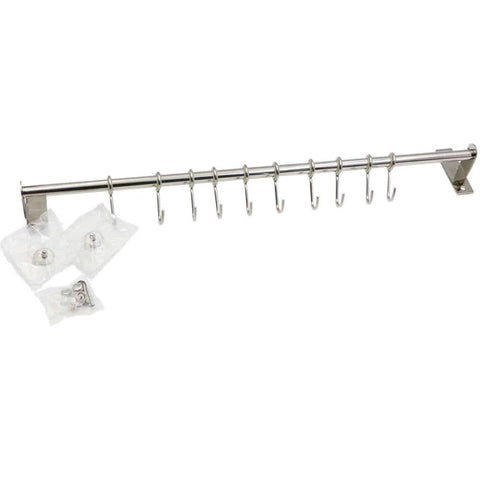 Kitchen Sliding Hooks, Stainless Steel Hanging Rack Rail Organize Kitchen Utensil Removable S Hook for Towel, Spoon, Coats, Bathrobe, BBQ,Wall Mounted Hanger (10 Hooks 23.6In) displayed on wall with packaging