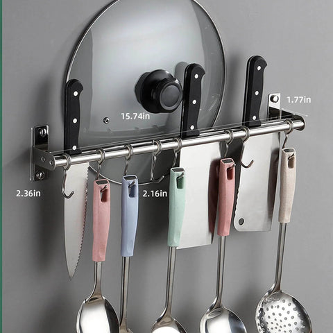 Utensil Hanging Rack Stainless Steel Rail Hanger Rod Wall Mounted Pot Pan Lid Holder Cookware Storage Organizer with sliding hooks