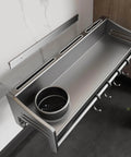Wall mounted kitchen rail with hooks, easy installation without drilling, waterproof utensil hanger with cup, 23.6 inches, installed view