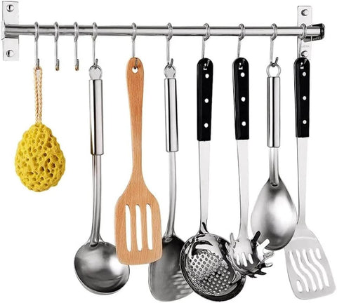 Kitchen Sliding Hooks, Stainless Steel Hanging Rack Rail Organize Kitchen Utensil Removable S Hook with utensils and sponge
