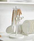 Kitchen Utensil Hanger Stainless Steel Utensil holder Rotatable Cooking Utensils Holder with 8 Hooks, White on countertop