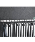 Kitchen Utensil Rail Organizer - Wall Mounted Gourmet Rack with 14 Hooks showing hanging utensils against a dark wall