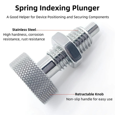 Pair of stainless steel retractable spring plungers with knurled handles, M12x1.75, for industrial equipment