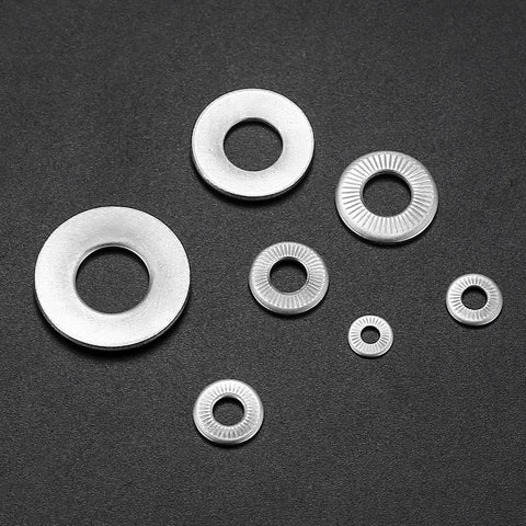 Conical Knurled Spring Washers Set, Stainless Steel, Coned Disc, M3-M12, various sizes displayed on black background.