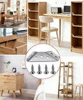 Collage showing L Brackets for Wood - 12PCS Corner Brackets Universal Stainless Steel Furniture Corner Connector in use with furniture.