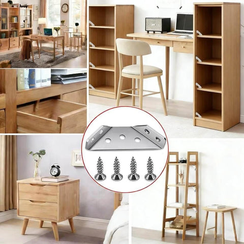 Collage showing L Brackets for Wood - 12PCS Corner Brackets Universal Stainless Steel Furniture Corner Connector in use with furniture.