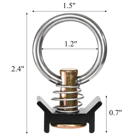 Front view of 12 Pack L Track Stud Fittings For Cargo Tie Downs with dimensions, stainless steel round ring O ring, 360 degree rotation.
