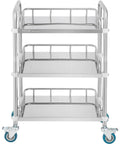 Front view of Stainless Steel Lab Rolling Cart With 3 Shelves, Heavy-Duty Lab Serving Cart With Guardrails And Swivel Casters For Clinic, Hospital, Dental Office Or Salon, Generous Space Between Shelves, 26.38 x 15.55 x 34.13 Inches, By VEVOR.