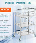 Stainless Steel Lab Rolling Cart With 3 Shelves, Heavy-Duty Lab Serving Cart With Guardrails And Swivel Casters For Clinic, Hospital, Dental Office Or Salon, Generous Space Between Shelves, 26.38 x 15.55 x 34.13 Inches, By VEVOR.