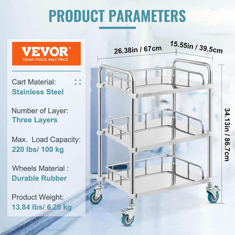 Stainless Steel Lab Rolling Cart With 3 Shelves, Heavy-Duty Lab Serving Cart With Guardrails And Swivel Casters For Clinic, Hospital, Dental Office Or Salon, Generous Space Between Shelves, 26.38 x 15.55 x 34.13 Inches, By VEVOR.