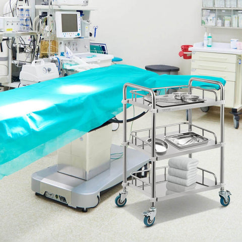 Stainless Steel Lab Rolling Cart With 3 Shelves, Heavy-Duty Lab Serving Cart With Guardrails And Swivel Casters For Clinic