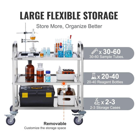 Stainless Steel Lab Cart With Three Shelves 400 Pounds Capacity Locking Wheels Medical Utility Cart for storage of lab equipment