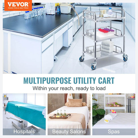 Stainless Steel Lab Rolling Cart With 3 Shelves, Heavy-Duty Lab Serving Cart With Guardrails And Swivel Casters For Clinic, Hospital, Dental Office Or Salon, Generous Space Between Shelves, 26.38 x 15.55 x 34.13 Inches, By VEVOR