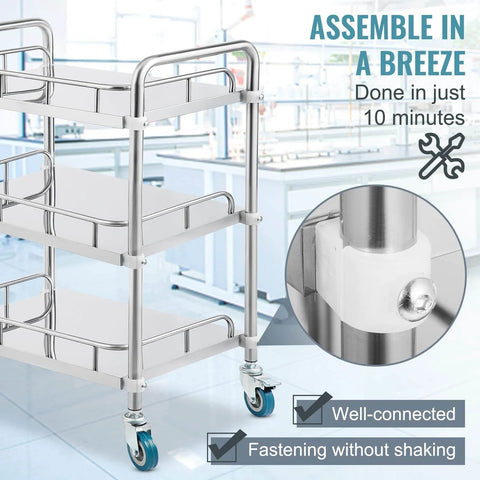 Stainless Steel Lab Rolling Cart With 3 Shelves, Heavy-Duty Lab Serving Cart With Guardrails And Swivel Casters For Clinic, Hospital, Dental Office Or Salon, Generous Space Between Shelves, 26.38 x 15.55 x 34.13 Inches, By VEVOR.