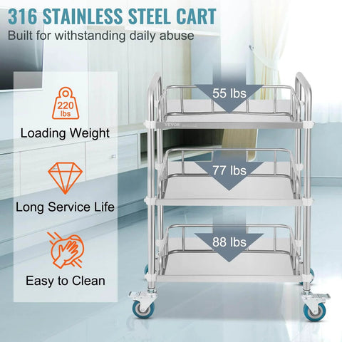 Stainless Steel Lab Rolling Cart With 3 Shelves, Heavy-Duty Lab Serving Cart With Guardrails And Swivel Casters For Clinic, Hospital, Dental Office Or Salon, Generous Space Between Shelves, 26.38 x 15.55 x 34.13 Inches, By VEVOR.