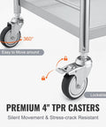 Close-up of stainless steel utility cart with wheels for medical and dental labs, featuring lockable and stress-crack resistant casters.